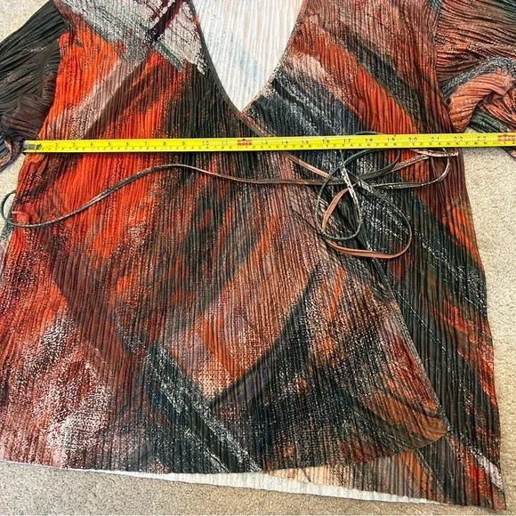 Zara multicolored abstract print pleated kimono sleeve wrap blouse top M NWOT - Picture 11 of 16